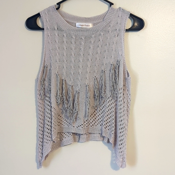 Simply Couture Tops - Simply Couture Fringe Sleeveless Greige Sweater Top